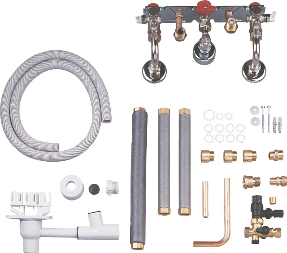 Installationszubehör von Bosch für Unterputzsysteme mit verschiedenen Rohren, Ventilen, Anschlüssen und Schrauben, geeignet für Sanitärinstallationen.